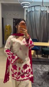 <b>Women</b> Traditional Rayon Cotton White Pink Floral Embroidered <b>Kurta</b> Set Dupatta Casual Wear India Pakistan Style Loose Fit Quick - Product Image 1