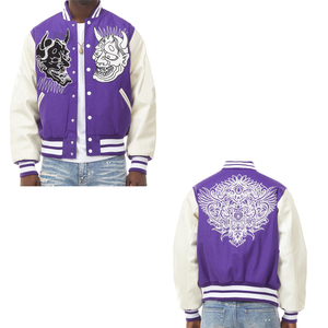 Purple White Embroidered Varsity <b>Jacket</b> Men Plus Size Letterman <b>Jacket</b> Sleeve <b>Patchwork</b> Button Front Outerwear Baseball <b>Jacket</b> - Product Image 1