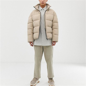 Men's Beige Puffer <b>Jacket</b> With Stand Collar Zipper Closure Windproof Winter Casual Loose Fit Thick Polyester Bomber <b>Jacket</b> - Product Image 1