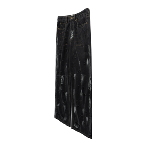 Jean large noir déchiré et vieilli pour homme, taille haute, en coton, style urbain, avec braguette boutonnée, poids moyen, pour l'automne - Product Image 4