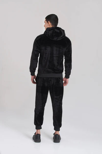 Survêtement à capuche en velours noir pour homme, fermeture éclair intégrale, poches latérales, vêtements décontractés d'hiver - Product Image 5