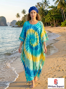 Vestido Kaftán Boho Tie Dye Personalizado para Mujer, Cuello en V, Largo hasta el Suelo, Traje de Playa, Ropa de Verano para Resort, Fabricante y Proveedor OEM ODM - Product Image 4