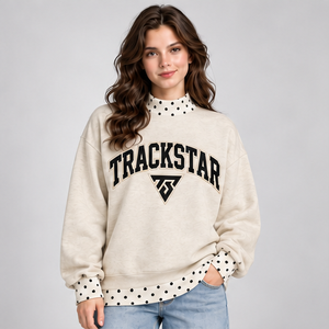 Women's Ivory Mock Neck <b>Sweatshirt</b> with <b>Black</b> Polka Dot Trim and Varsity Graphic Long Sleeve Casual Pullover Custom Wholesale - Product Image 1