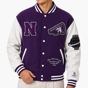 Purple Men's Varsity <b>Jacket</b> With Embroidered N Logo And Patch Preppy Style Wool Polyester Blend <b>Thick</b> Winter Coat - Product Image 2