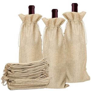 Vente en gros de sacs à cordon en toile de jute avec logo personnalisé Emballage de cadeau de fête de mariage en jute uni pour le vin en stock - Product Image 1