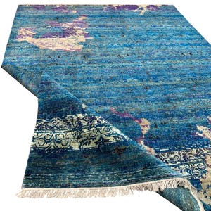 Hand Knotted Wool Area <b>Rug</b> <b>Teal</b> Blue Abstract Distressed Design Beige Purple Living Room Bedroom Hotel Decor - Product Image 3