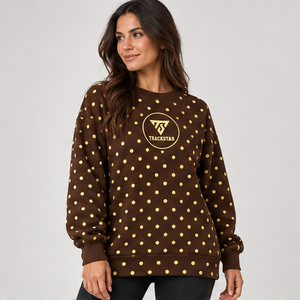 Sweat-shirt à col rond pour femme, couleur marron chocolat, avec pois jaunes dorés sur toute la surface, manches longues, logo personnalisé - Product Image 4