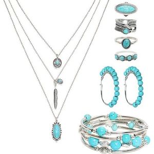Set di Gioielli Boho Occidentali in Turchese da 7 Pezzi per Donne, Elegante Collana, Orecchini, Anelli, Bracciali con Design a Strati - Product Image 1