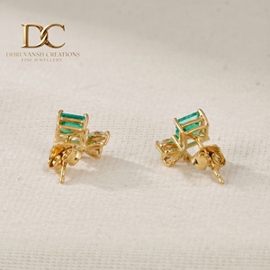 Modern 14KT Solid Yellow Gold Lab Grown Diamond and Colombian <b>Emerald</b> <b>Studs</b> <b>Earrings</b> IGI Certified Stylish Gift Women Jewellery - Product Image 5