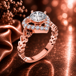 Anillo de compromiso de oro rosa con halo de corazón y diamante cultivado en laboratorio, con centro solitario redondo y diseño de banda de corazón abierto - Product Image 1