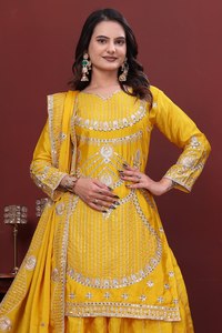 Sharara en soie jaune avec dupatta brodé, tenue de mariage traditionnelle indienne et pakistanaise pour femme, coupe classique, longueur ras du sol, été et hiver - Product Image 5