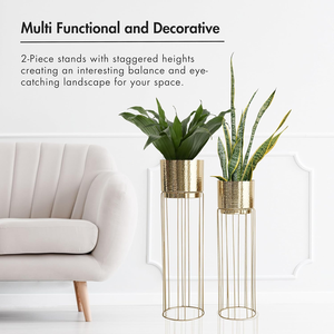 Gold Plated Metal Floor Planters with Stands (Set of 2) Modern Tall Planter for Home Decor, Decorative Plantpot for Living Room - Product Image 4