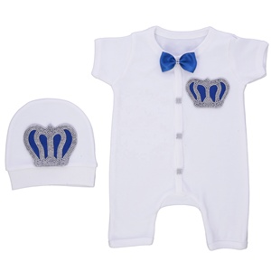 Venta al por mayor 100% tela de algodón tejido personalizado de manga corta recién nacido mameluco nuevo diseño burbuja verano bebé niñas traje azul marino moderno - Product Image 2