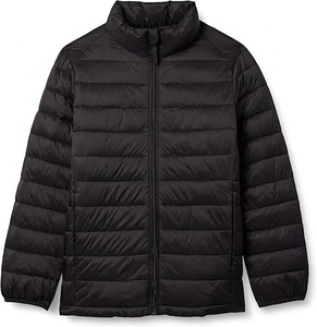 Men's Black Puffer Jacket Stand Collar <b>Zipper</b> Closure Windproof Casual Winter <b>Coat</b> Solid Color Polyester Regular Fit 2026 - Product Image 3