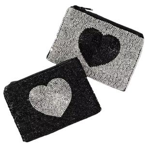 กระเป๋าใส่เหรียญลูกปัดสีดำและสีขาวทำด้วยมือรูปหัวใจแบบมินิปักลายลายลายดอกไม้ - Product Image 1