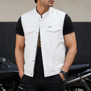 Gilet moto en peau de mouton blanc pour homme, col montant, respirant, couleur unie, veste en cuir, coupe classique avec poches, style printemps - Product Image 1