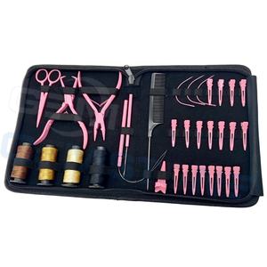 Professional <b>Pink</b> <b>Hair</b> Extension Installation Tool Kit with Micro Bead Pliers, Loop Hook, Section <b>Clips</b> & Threads Tools set - Product Image 1