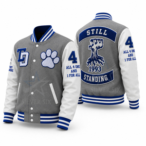 Personalized Chenille Varsity <b>Jacket</b> Front Patch Still Standing 1993 Design <b>Men's</b> Gray/White/Blue Custom Sublimation Printing - Product Image 1