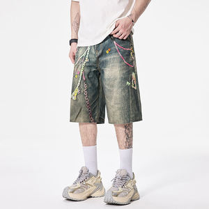 Shorts en jean déchiré pour homme, coupe droite, taille mi-haute, broderies, fermetures éclair, style streetwear, été, tissu en coton tissé, lavable - Product Image 2