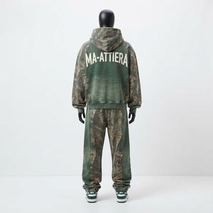<b>Men</b> <b>Green</b> Camouflage Sleeve Zip Up Hoodie <b>Tracksuit</b> Set Loose Fit Streetwear Contrast Panel Custom OEM ODM Wholesale - Product Image 2
