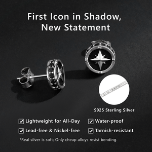 Black Enamel Compass Star Coin Earrings 925 <b>Silver</b> <b>Stud</b> Ear Jewelry for Gift and Travel Theme Iced Out Hiphop Earrings - Product Image 4