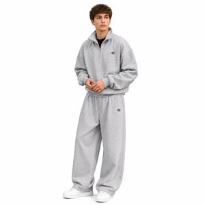 Custom Chest Logo Grey Fleece Men's Quarter Zip Tracksuit with <b>Set</b> Relaxed Fit Joggers and Top Soft Sweat for Streetwear Brands - Product Image 1