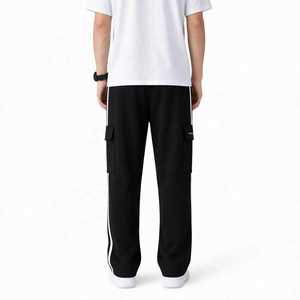 ONETEN APPAREL <b>Men's</b> Black Polyester Lightweight Embroidered Sweatpants <b>White</b> Side Stripe Cargo Pocket <b>Joggers</b> Casual Trousers - Product Image 5