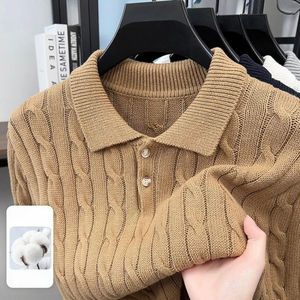 เสื้อโปโลถักสำหรับผู้ชาย แขนสั้น ผ้าฝ้าย ลายถักแบบเคเบิ้ล คอปกพับได้ สไตล์เรโทร ลำลอง ธุรกิจ - Product Image 2