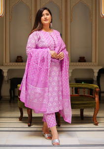 Purple Floral Kurta <b>Pant</b> Dupatta Set Cotton Round Neck <b>Three</b> <b>Quarter</b> Sleeve Plus Size Women Casual Ethnic Wear Wholesale - Product Image 1