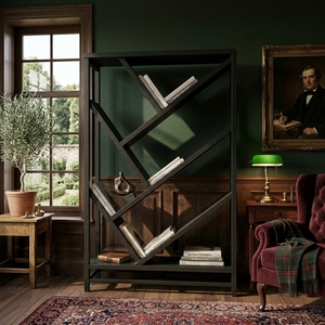 Étagère ouverte contemporaine en bois massif géométrique, noir mat, avec étagères inclinées, présentoir, bibliothèque en forme d'arbre, meuble de salon - Product Image 4