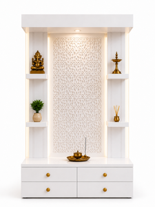 Mueble de Pooja de Madera de Teca de Diseño Moderno y Lujoso, con Símbolo Om y Detalles en Dorado, Nuevo, Duradero, Color Marfil, Tamaño Personalizado, Decoración para el Hogar - Product Image 2
