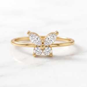 Marquise And Round Lab Grown Diamond Butterfly Wedding Band 10K 14K 18K Solid Gold Stacking Ring For Women Bridal Jewelry - Product Image 1