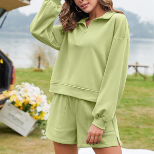 Ensemble short et sweat-shirt vert oversize pour femme, épaules tombantes, manches longues, couleur unie, tricoté, tenue décontractée d'été - Product Image 3