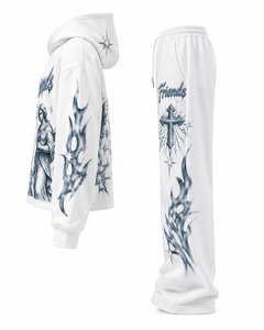 Ensemble sweat à capuche et pantalon unisexe blanc avec imprimé ange et croix, streetwear, coupe ample, 100% coton tricoté, vêtements d'automne - Product Image 3