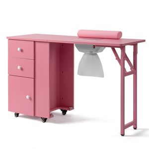 Table de manucure pliante moderne rose en MDF avec 2 tiroirs et 1 porte pour salon de manucure, usage domestique, en bois - Product Image 3