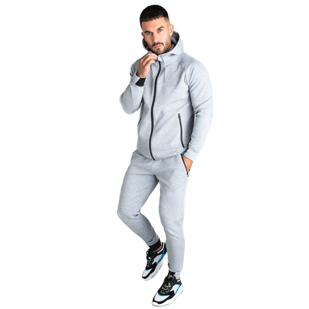 Wholesale OEM Slim Fit Tech Fleece 100% Cotton Sportswear Plain Jogging Suit Muscle Fitted Tracksuit For Men