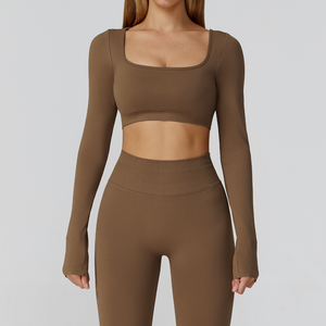 Purple 2 Piece Yoga <b>Set</b> <b>Square</b> Neck Long Sleeve Crop Top High Waist Shorts Sweat Wicking Seamless Design - Product Image 5
