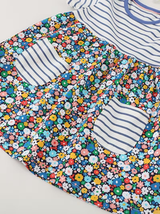 Girl Ball Gown Short Sleeve Crewneck Dress Spring Summer Breathable Cotton Flower Printing Blue White Stripe Pocket Bow Cute - Product Image 5