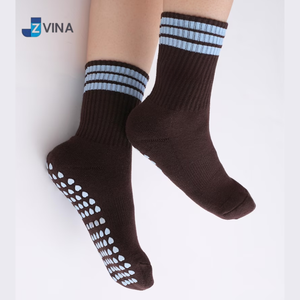 JZVINA Non-Slip Yoga <b>Socks</b> Crew Length <b>Brown</b> With Blue Stripes Anti-Slip Grip Bottom For Pilates Adults Summer Style - Product Image 2