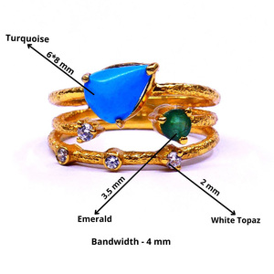 Bohemian <b>Gold</b> <b>Ring</b> With <b>Turquoise</b> And Emerald Gemstones Prong Setting Round Diamonds Unisex Everyday Wear Style - Product Image 2