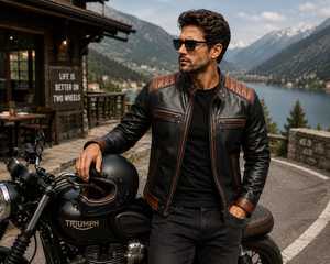 Chaqueta de Motociclista de Cuero Genuino Negro para Hombre, Cuello Alto, Cierre de Cremallera, Estilo Biker, con Bloques de Color - Product Image 6