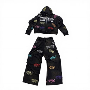 Ensembles pour hommes grande taille Fizay Enterprises, en molleton vintage, coupe courte, surdimensionnée, avec strass personnalisés, effet délavé à l'acide, fermeture éclair et déchirures, style streetwear - Product Image 4