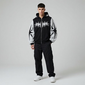 Sweat à capuche zippé contrastant pour homme, noir et gris, avec applique étoile, coupe oversize, style streetwear, fournisseur en gros - Product Image 3