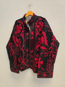 Premium Handcrafted Black Velvet <b>Jacket</b> with Rich Red Suzani Inspired Floral Embroidery and Striped Lining Authentic Artisanal - Product Image 3