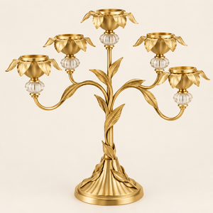 Gold Plated Brass Candelabra 5-Arm Flower Shape Christmas Candle Stand Home <b>Table</b> Top Waterproof Portable Decorative Candle - Product Image 1