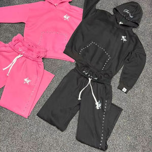 Chándal de mujer de 480GSM de alto gramaje con pedrería, estampado personalizado, sudadera con doble cintura, para gimnasio, al por mayor - Product Image 1