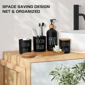 Juego de 5 accesorios de baño en negro mate con bandeja de bambú, perfecto para el hogar, hoteles y resorts. - Product Image 2