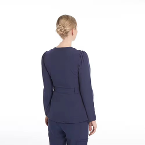 Women's Silk Medical <b>Scrub</b> Set Navy Blue Top with Turquoise and Yellow Accents Matching Pants Needle Detection Seamless Fusing - Product Image 4