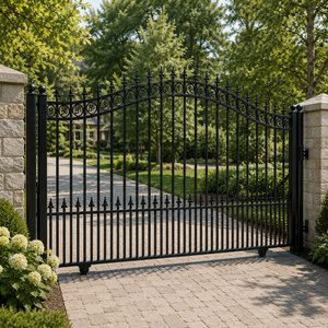Decorative Black Wrought Iron Driveway <b>Gate</b> <b>Arched</b> Metal Entry <b>Gate</b> with Spear Finials Scrollwork for Villa Garden Home - Product Image 5