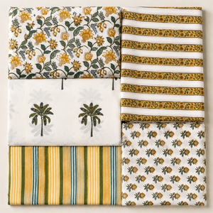 Premium Hand Block Printed Cotton Fabric <b>Set</b> With Yellow Floral Palm Motif Stripe Design For Kurta Dress Bedsheet Craft <b>Sewing</b> - Product Image 1